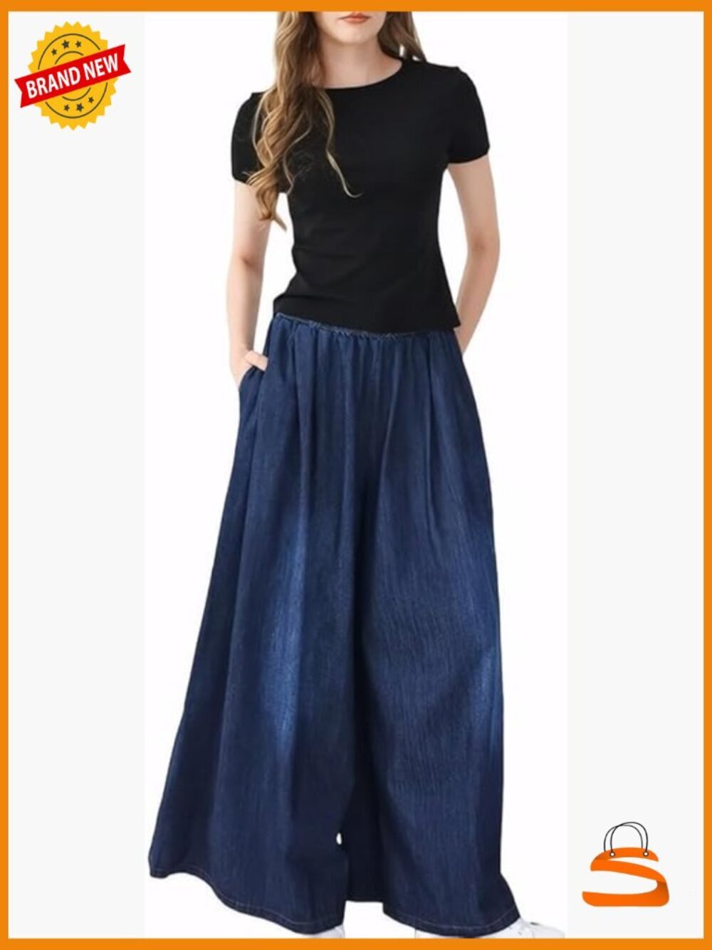 Wide Leg Elastic Waist Denim Jeans Women Loose Fit Pants Long with Pockets Plus